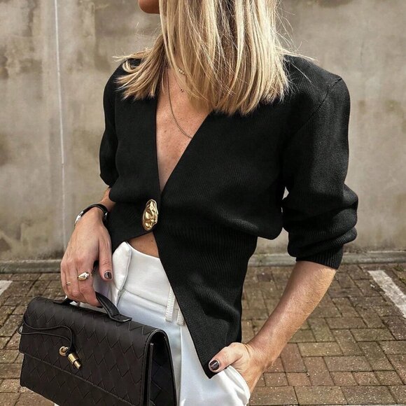 Sweaters - Black Preppy Elegant Minimalist Women's V-neck button detail Sweater Cardigan